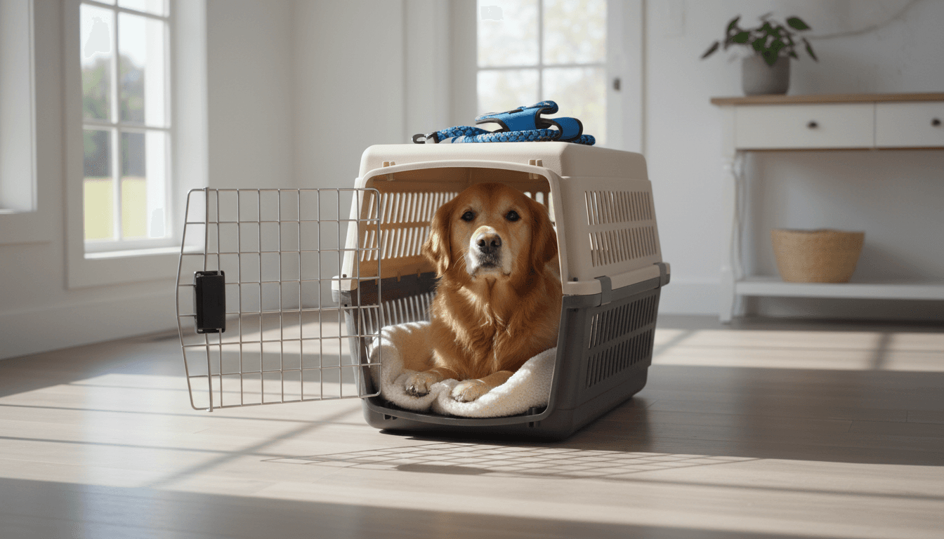 Golden retriever waiting calmly in an airline travel crate at home