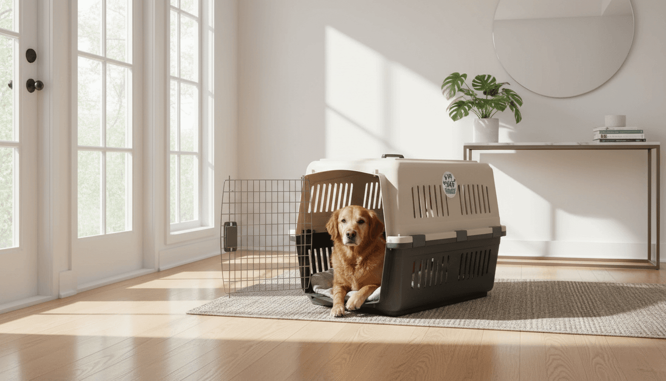 Dog sitting in an IATA-approved travel crate in a bright home entryway