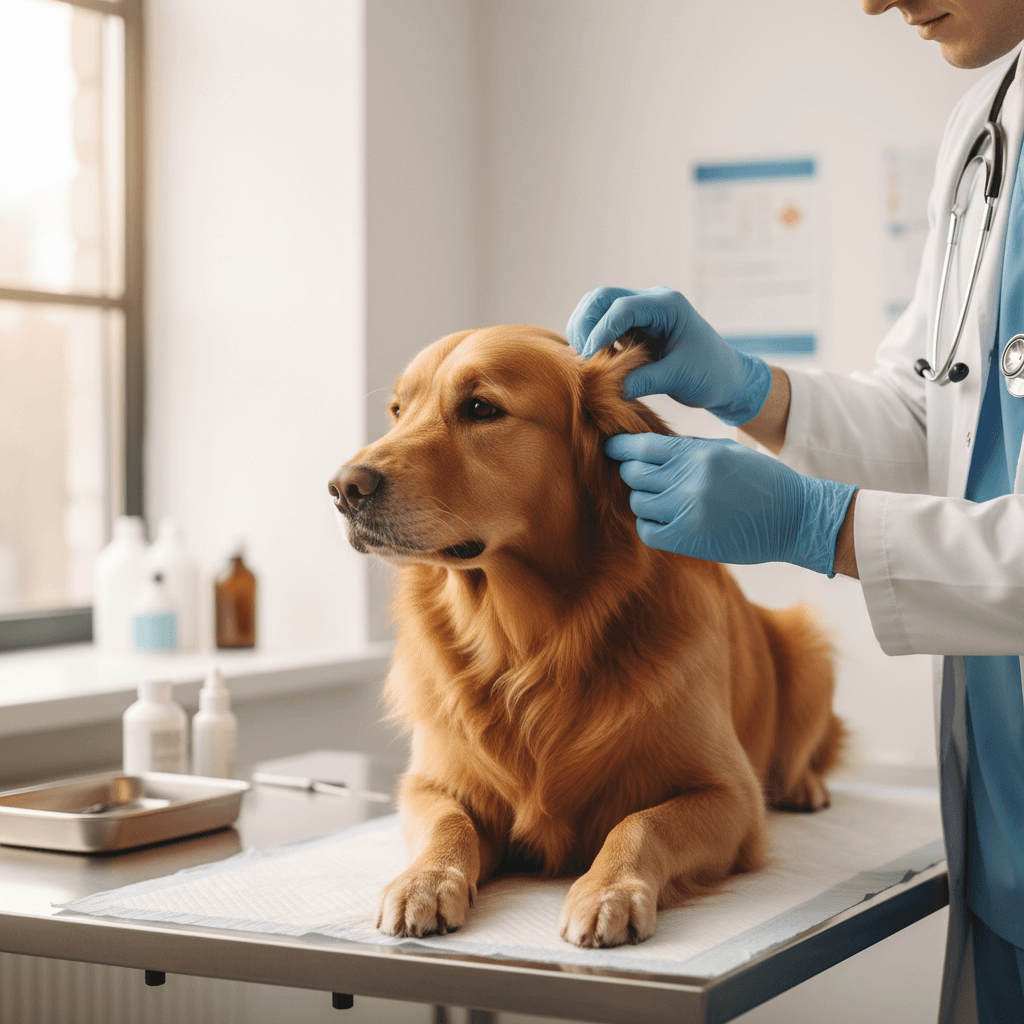 Veterinarian in gloves gently examining golden retriever's ear during clinical checkup with natural window light