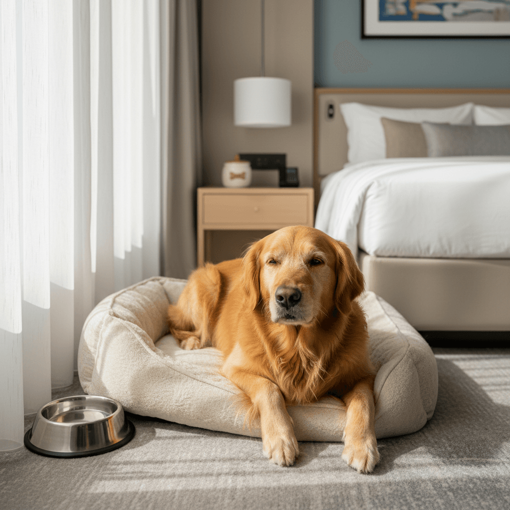 A calm golden retriever sitting inside a large IATA-compliant airline pet crate with the door open, in a spacious, lit room