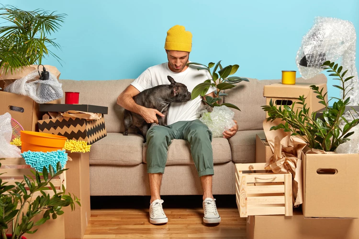 Man in yellow beanie sits on couch with dog and plant amidst many moving boxes.